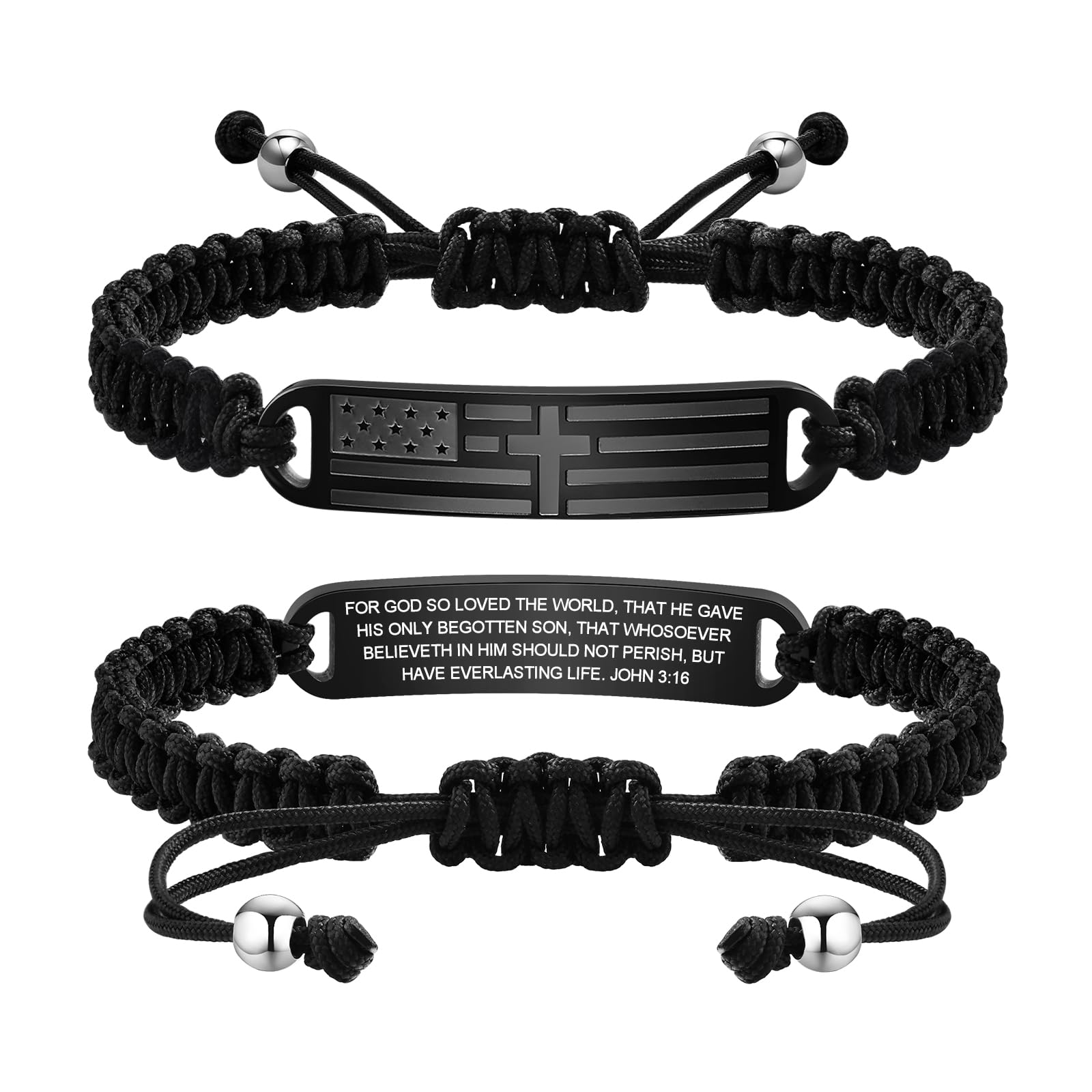 Cross Bracelet for Men - Black Bible Verse Stainless Steel Rope Mens American Flag Bracelet