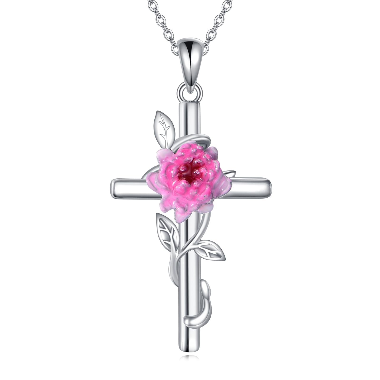 925 Sterling Silver Cross Pendant Necklace Flower Jewelry (Chrysanthemums)