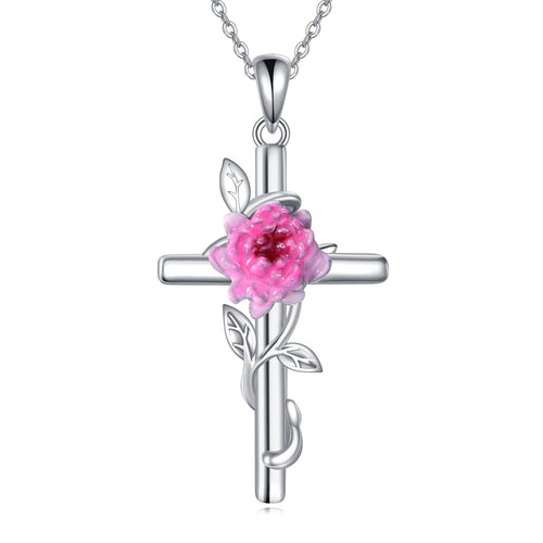 925 Sterling Silver Cross Pendant Necklace Flower Jewelry (Chrysanthemums)