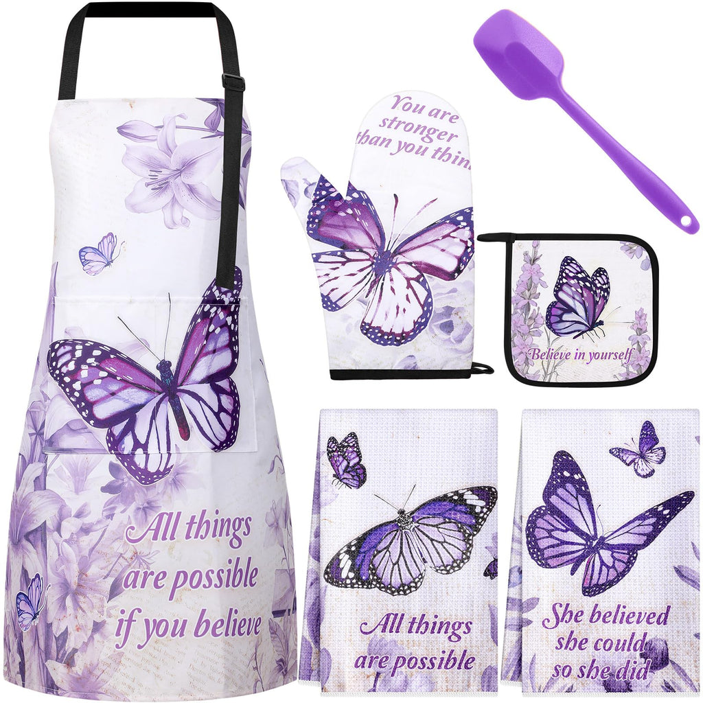 6 Pcs Religious Kitchen Apron Dish Towels Oven Mitts and Pot Holders Sets with Silicone Spatula (Purple)