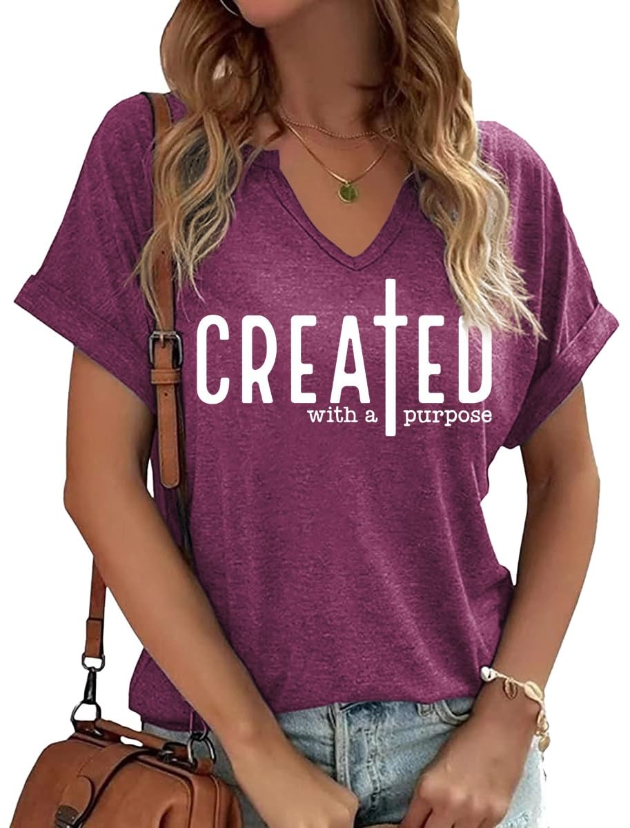 Womens Boho Christian V Neck Shirt Casual Graphic Tee Tops