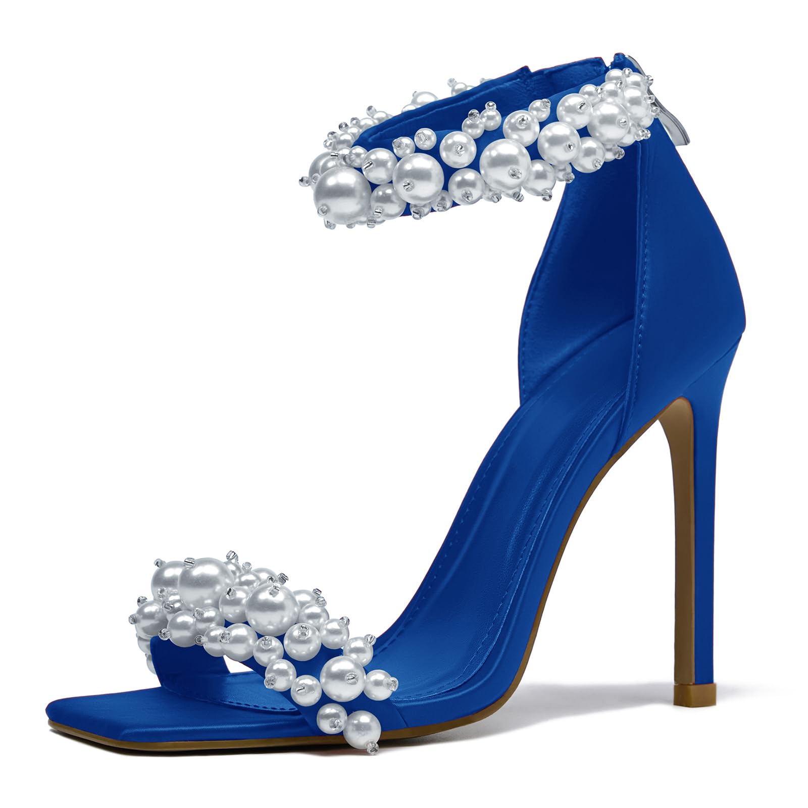 Satin Blue Stiletto Heels Open Square Toe, Ankle strap, Back Zipper  (Size 6)