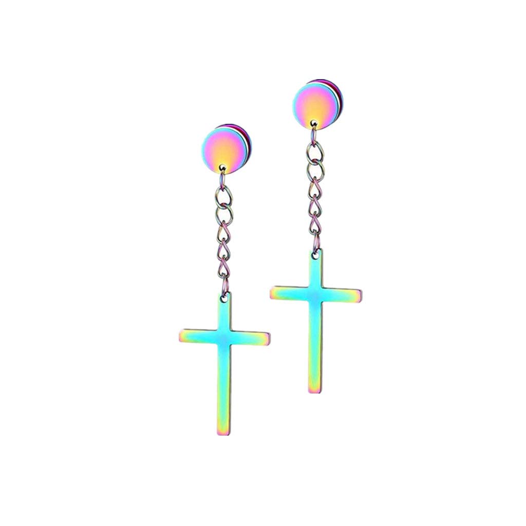 Religious Cross Dangle Tassel Earrings Set Stainless Steel Pierced Tunnel Gauges Studs Hanging Cross Earrings