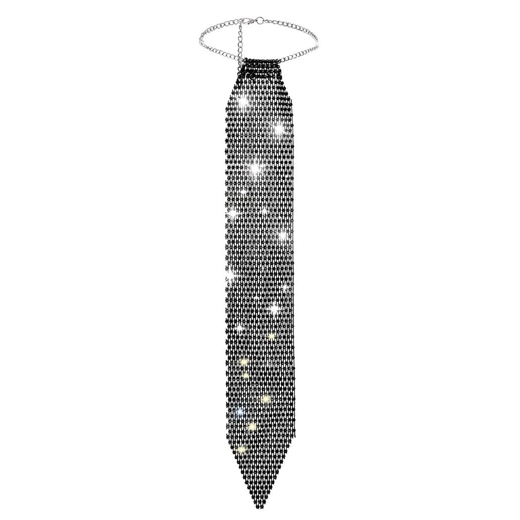 Vinzar Boho Black Y-Necklace Mesh Rhinestone Tie Necklace Shining Diamond Choker Necklace Long Tie Necklace Women Necklace Jewelry for Party Prom Daily