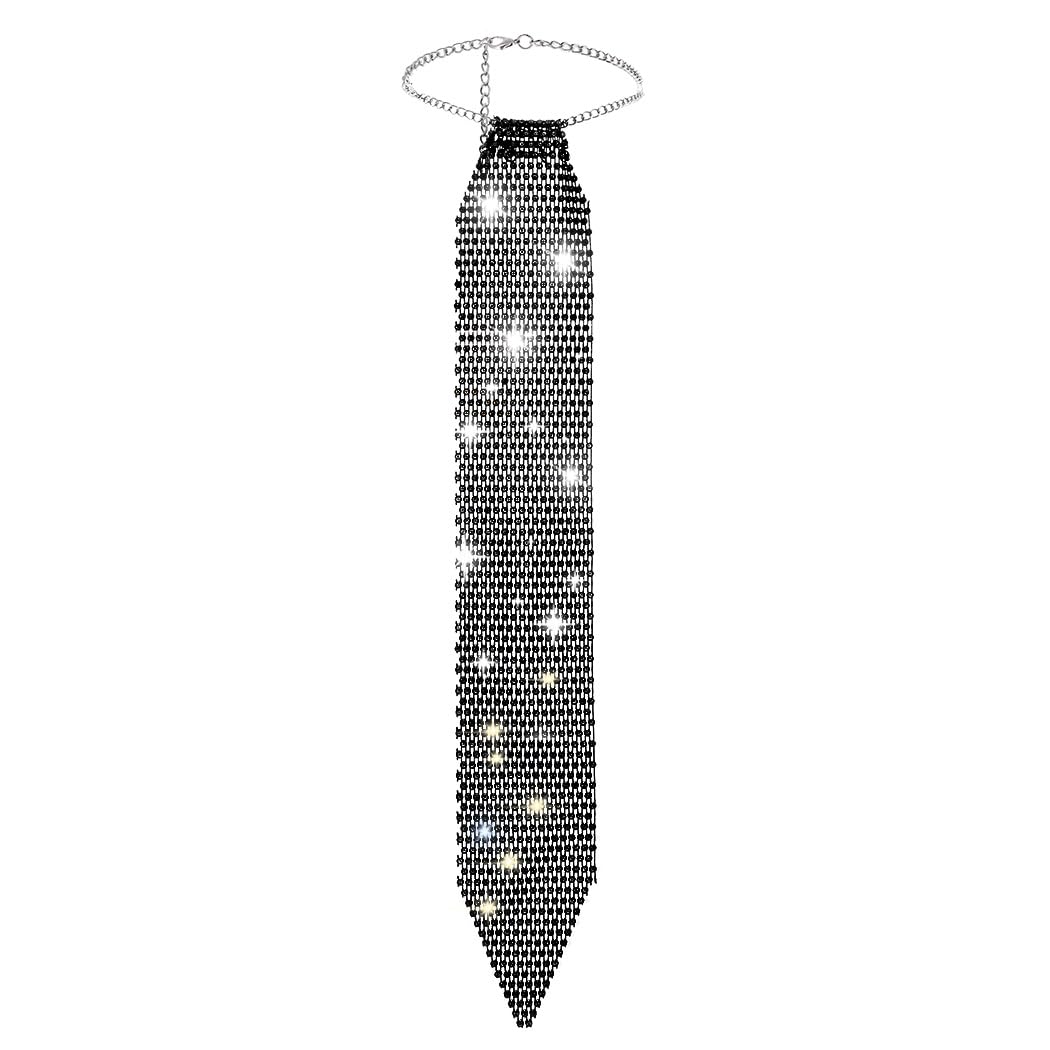 Vinzar Boho Black Y-Necklace Mesh Rhinestone Tie Necklace Shining Diamond Choker Necklace Long Tie Necklace Women Necklace Jewelry for Party Prom Daily