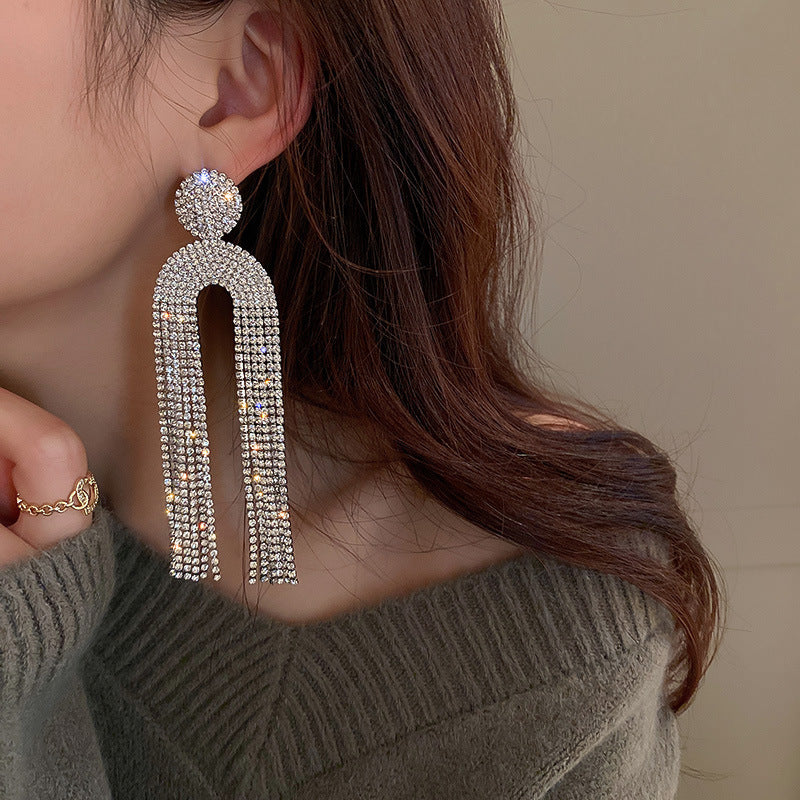 Women's U-Shaped Earrings with Diamond Tassels