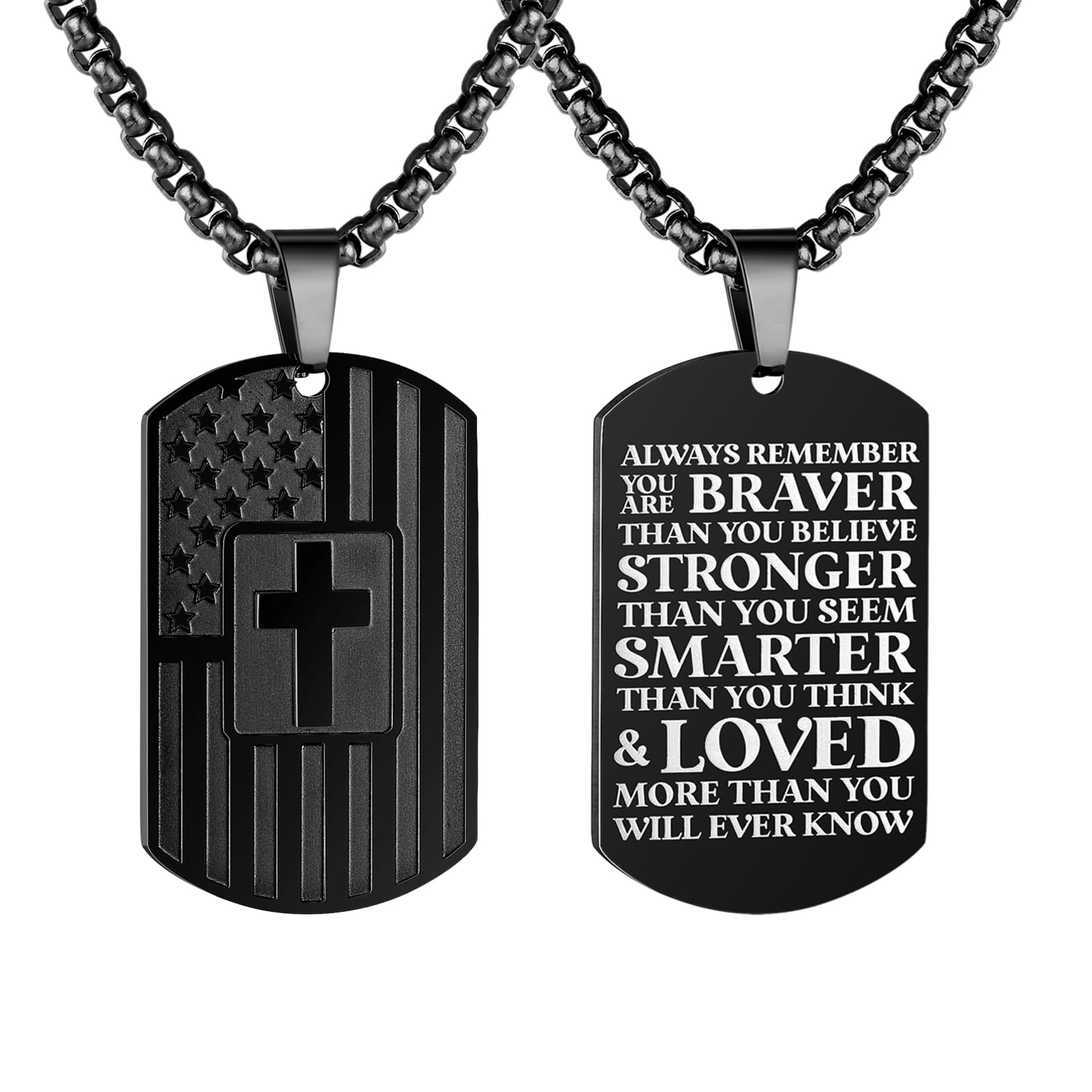 RUOOUY American Flag Bible Verse Cross Necklace Dog tag Pendant Stainless Steel Chain 22+2 inch