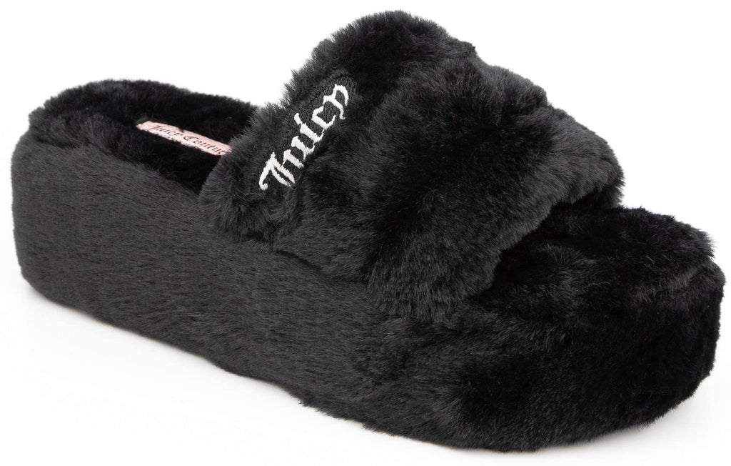 Juicy Couture Womens Slide Sandals With Faux Fur Slipper Sandals Furry Slides Womens Slip On Slippers-World-Black-(Size 10)
