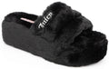 Juicy Couture Womens Slide Sandals With Faux Fur Slipper Sandals Furry Slides Womens Slip On Slippers-World-Black-(Size 10)