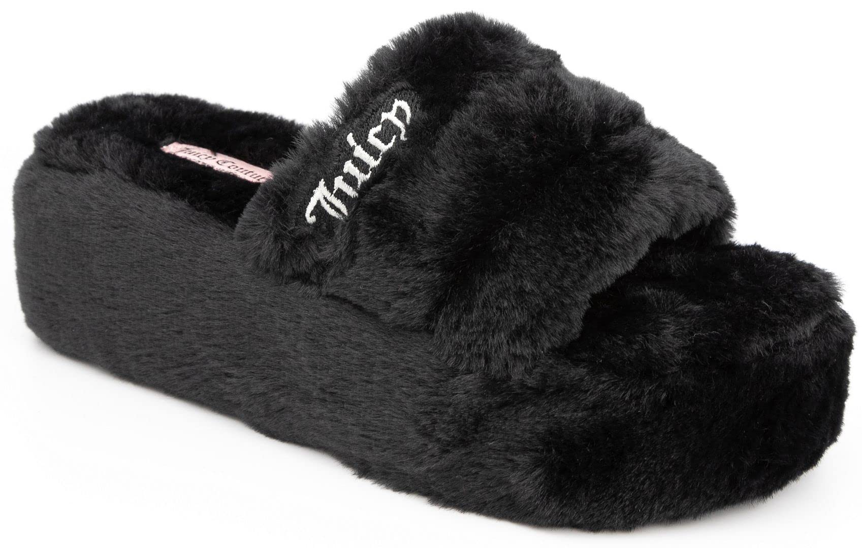 Juicy Couture Womens Slide Sandals With Faux Fur Slipper Sandals Furry Slides Womens Slip On Slippers-World-Black-(Size 10)