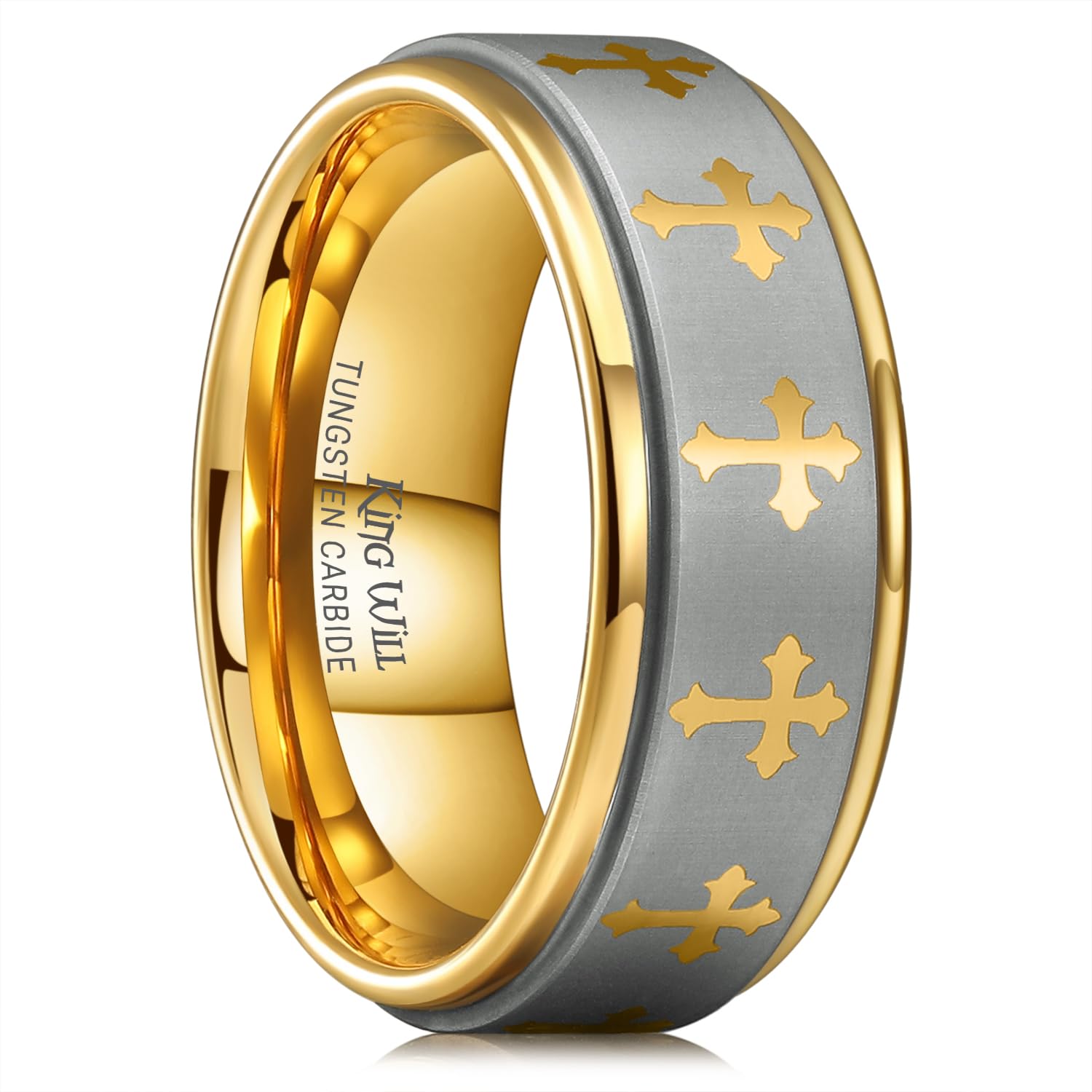 King Will 8mm Tungsten Wedding Band Ring for Men Women Lords Prayer Cross Ring Silver and Gold Wedding Band Bible Engraved Rings High Polished Size 11.5