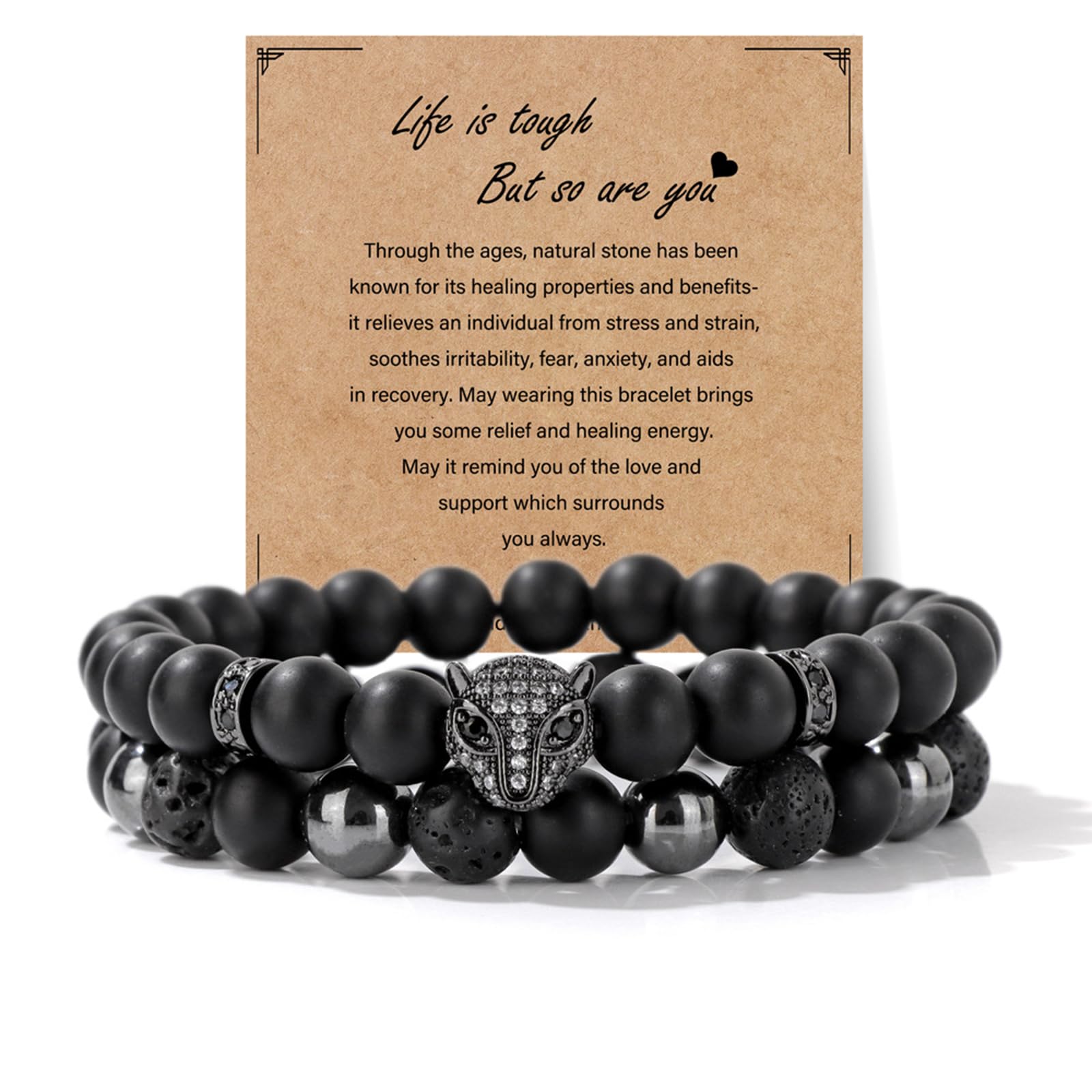 8mm Black Obsidian Onyx Hematite Lava Volcanic Stone Bracelet Leopard Head Bracelet Mens