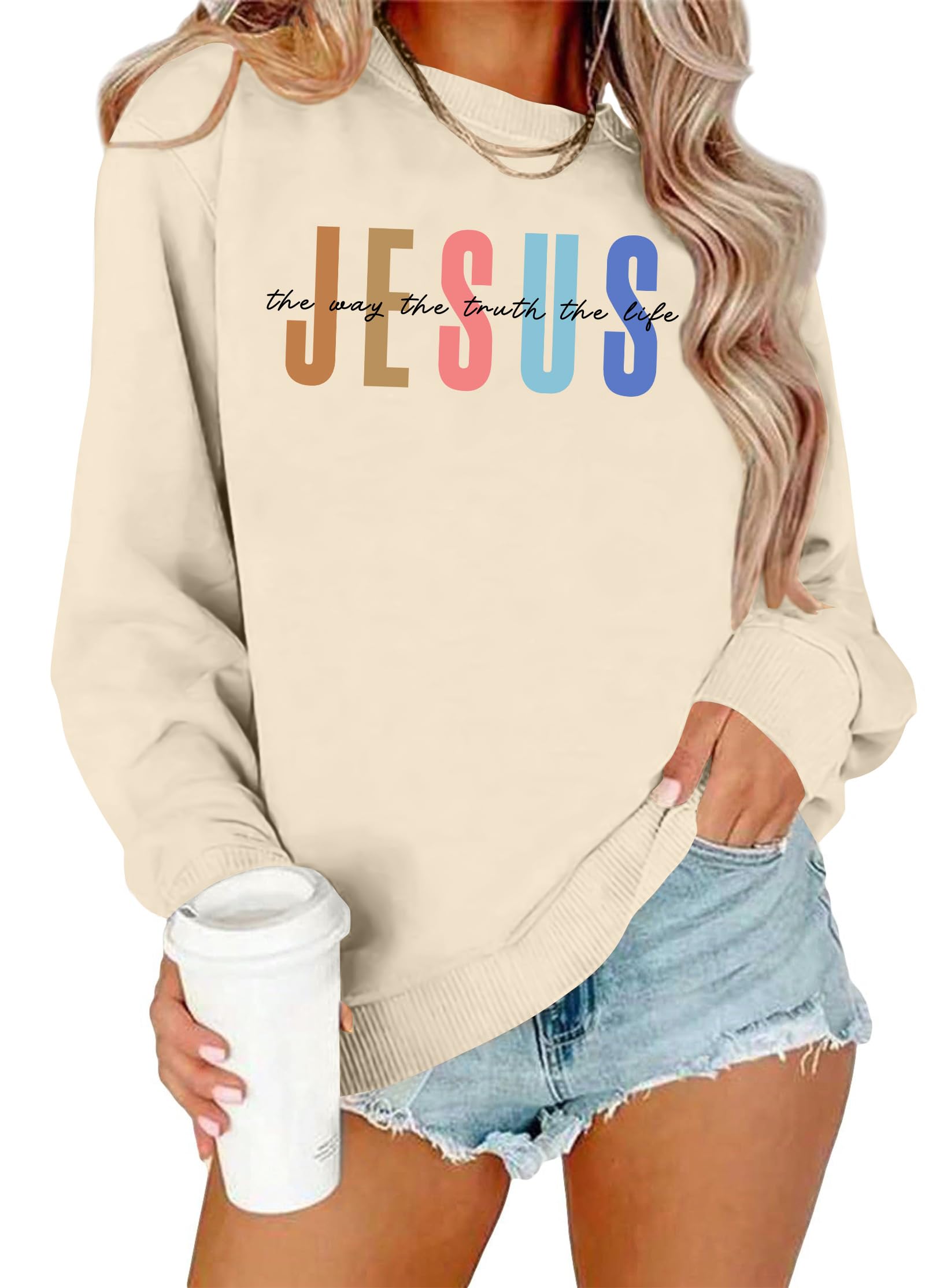 Jesus Sweatshirt Women Christian Sweatshirts Jesus Faith Sweater Bible Verse (Large)