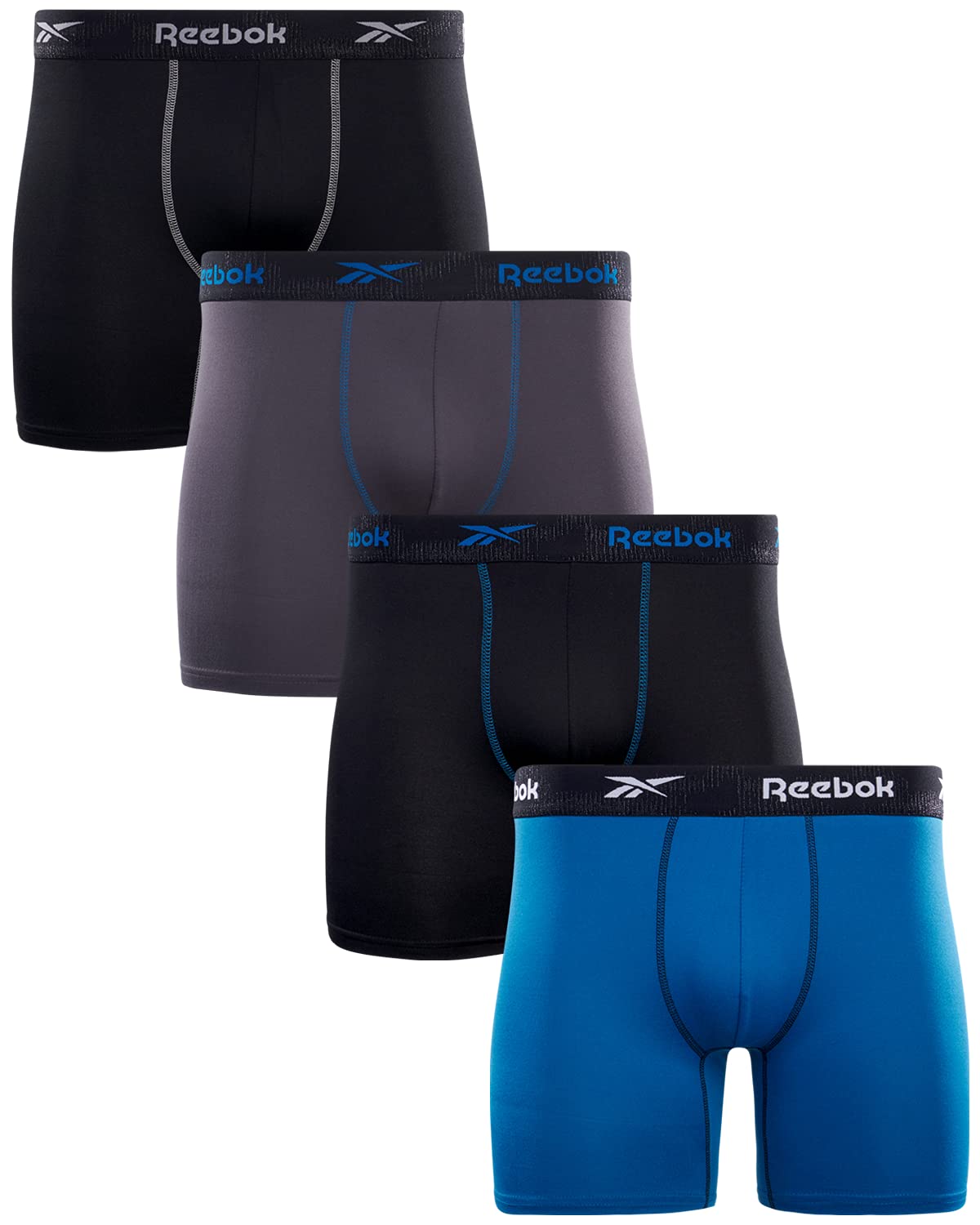 Reebok Mens Boxer Briefs - 4 Pack Soft Mens Performance Underwear Boxers - Athletic Boxer Briefs for Men Pack (S-XL) Size Medium Black/Blue/Black/Grey