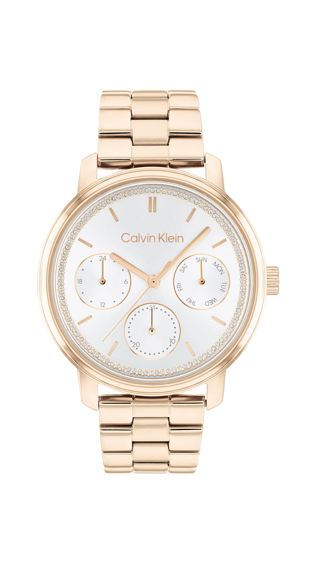 Calvin Klein Womens Ionic Plated Carnation Gold Steel Case Quartz Multifunction Watch with Ionic Plated Carnation Gold Steel Bracelet (Model: 25200178)