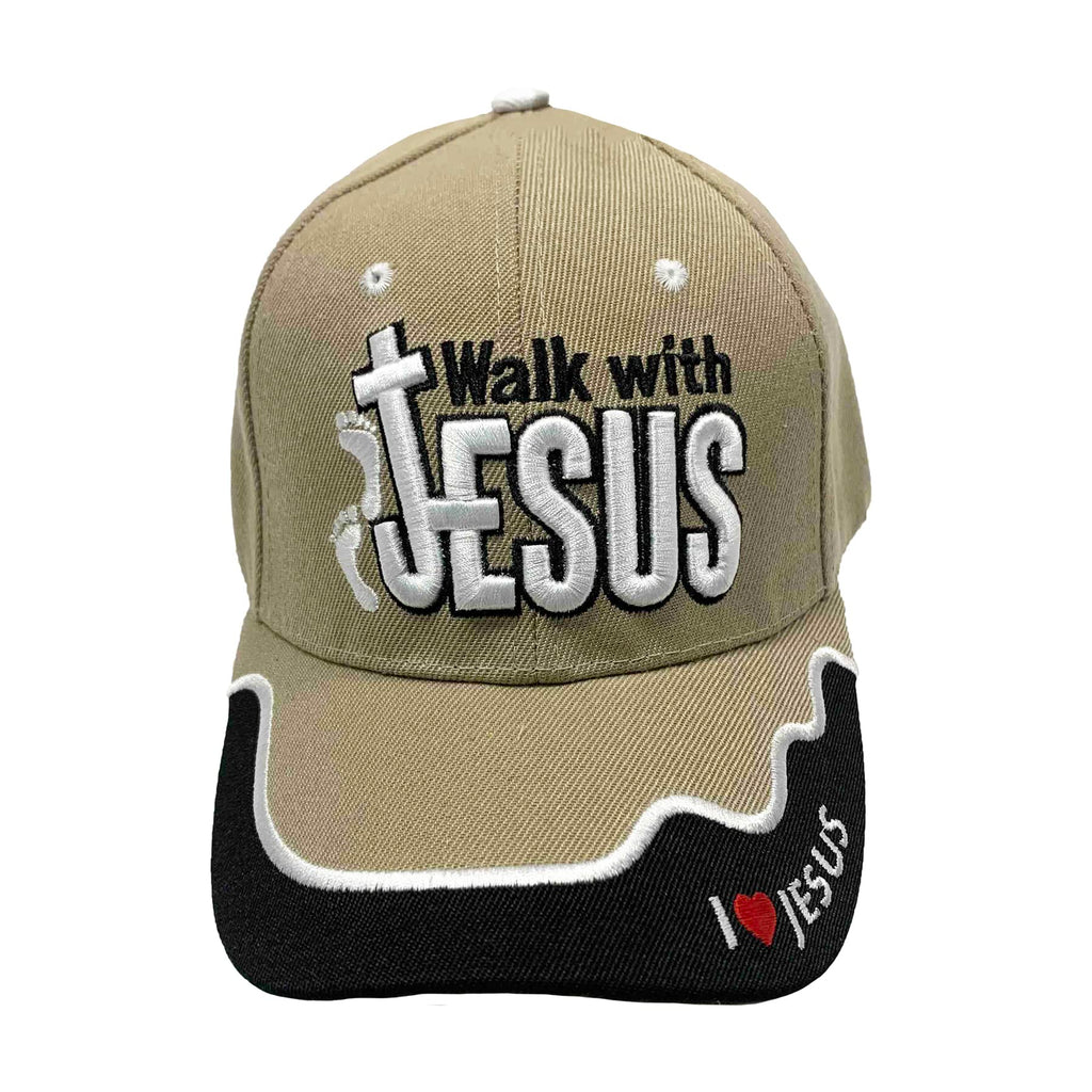 Walk with Jesus | Khaki Christian Hat (One Size) Adjustable Velcro Strap Baseball Cap