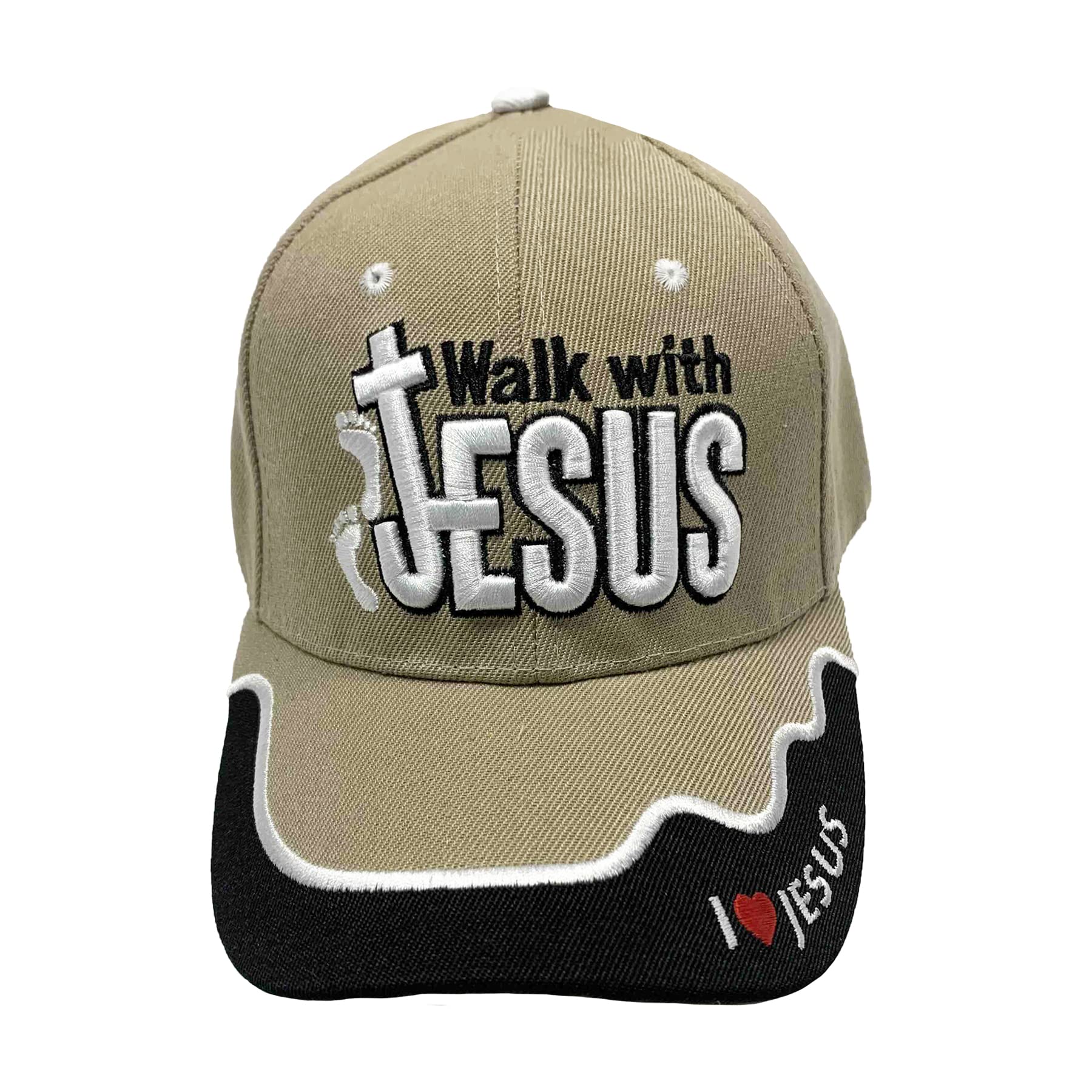 Walk with Jesus | Khaki Christian Hat (One Size) Adjustable Velcro Strap Baseball Cap