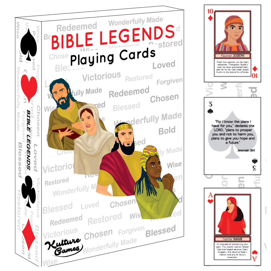Playing Cards: Bible Legends - Diverse Bible Characters Stories & Encouraging Bible Verses - Trivia Card Game - Christian Cards for Family Game Night -