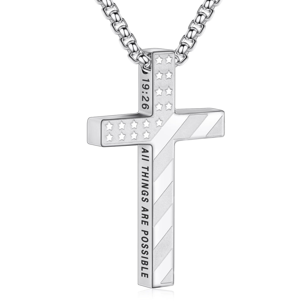 Cross Necklace Silver American Flag Bible Verse Stainless Steel Pendant