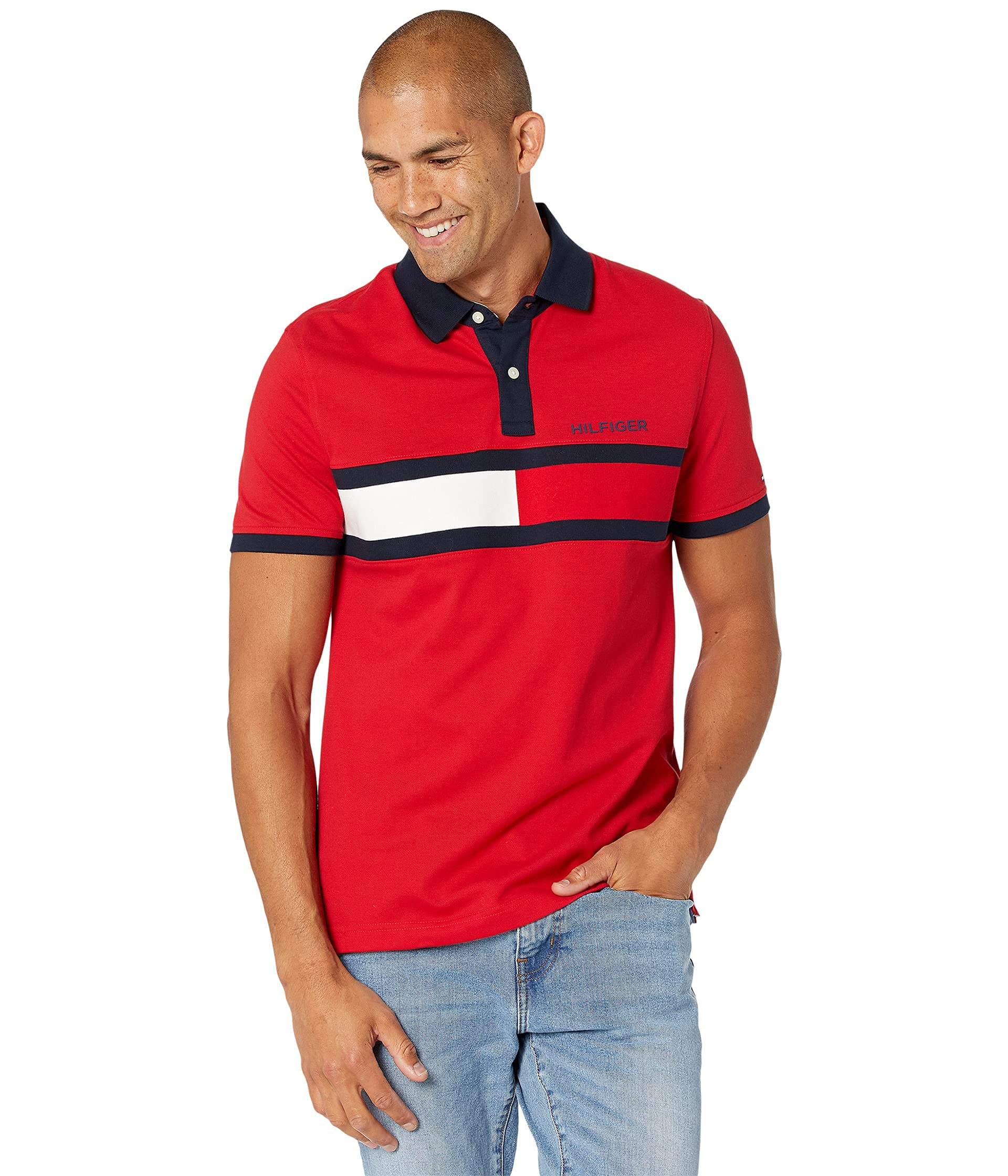 Tommy Hilfiger Mens Short Sleeve Cotton Pique Flag Graphic in Custom Fit Polo Shirt Classic Red (X-Large)