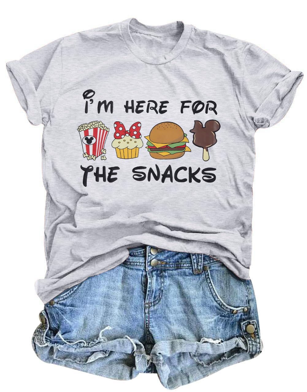 Magical Shirt for Women: Im Here for The Snacks Shirts Magic Kingdom T-Shirt Funny World Trips Short Sleeve Tee Top Grey (XL)