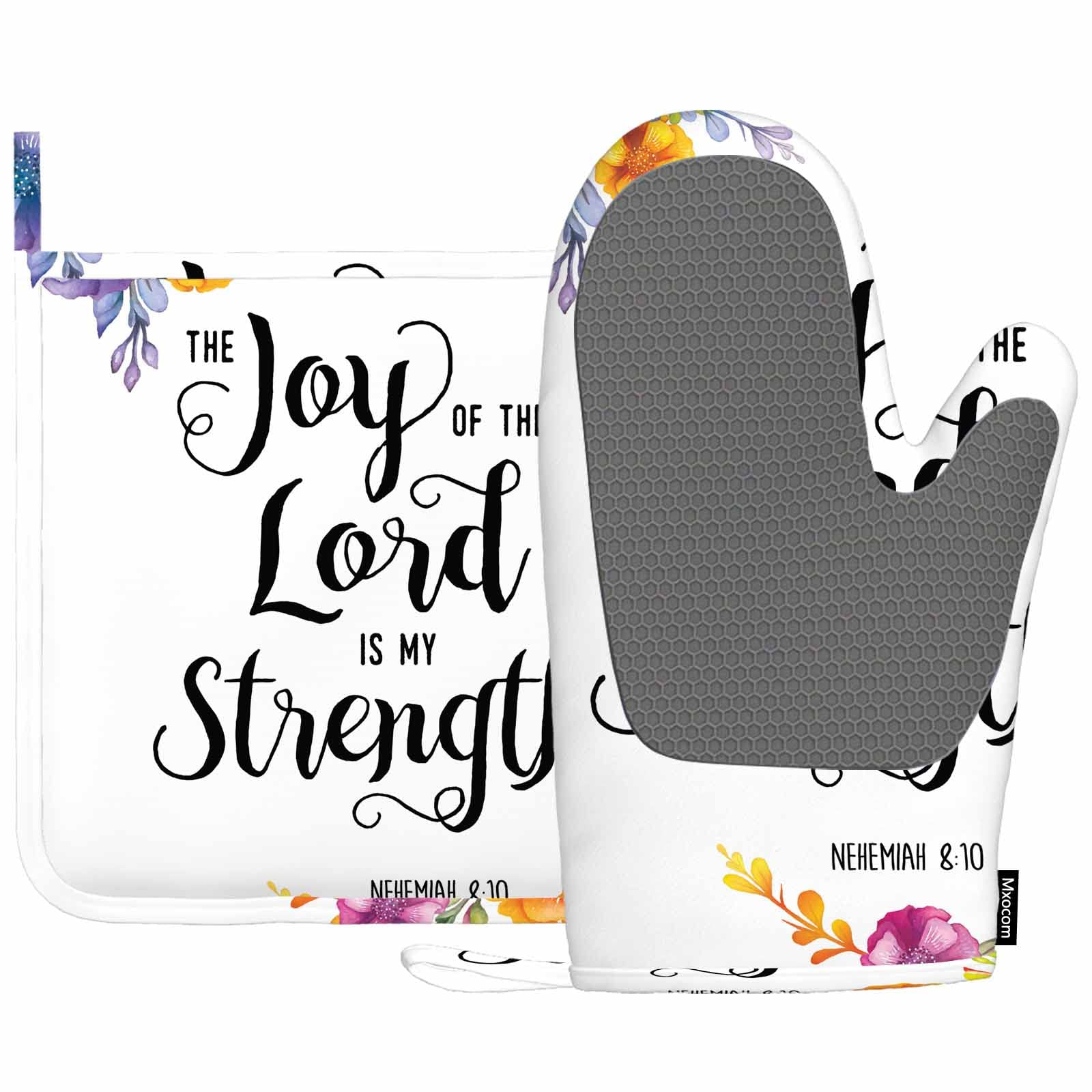 (Brand: Mxocom) Joy of The Lord is My Strength Oven Mitt and Pot Holder with Silicone Bible Quote Colored Floral Design Heat Resistant Kitchen for Cooking BBQ Baking Grilling Spring/Summer