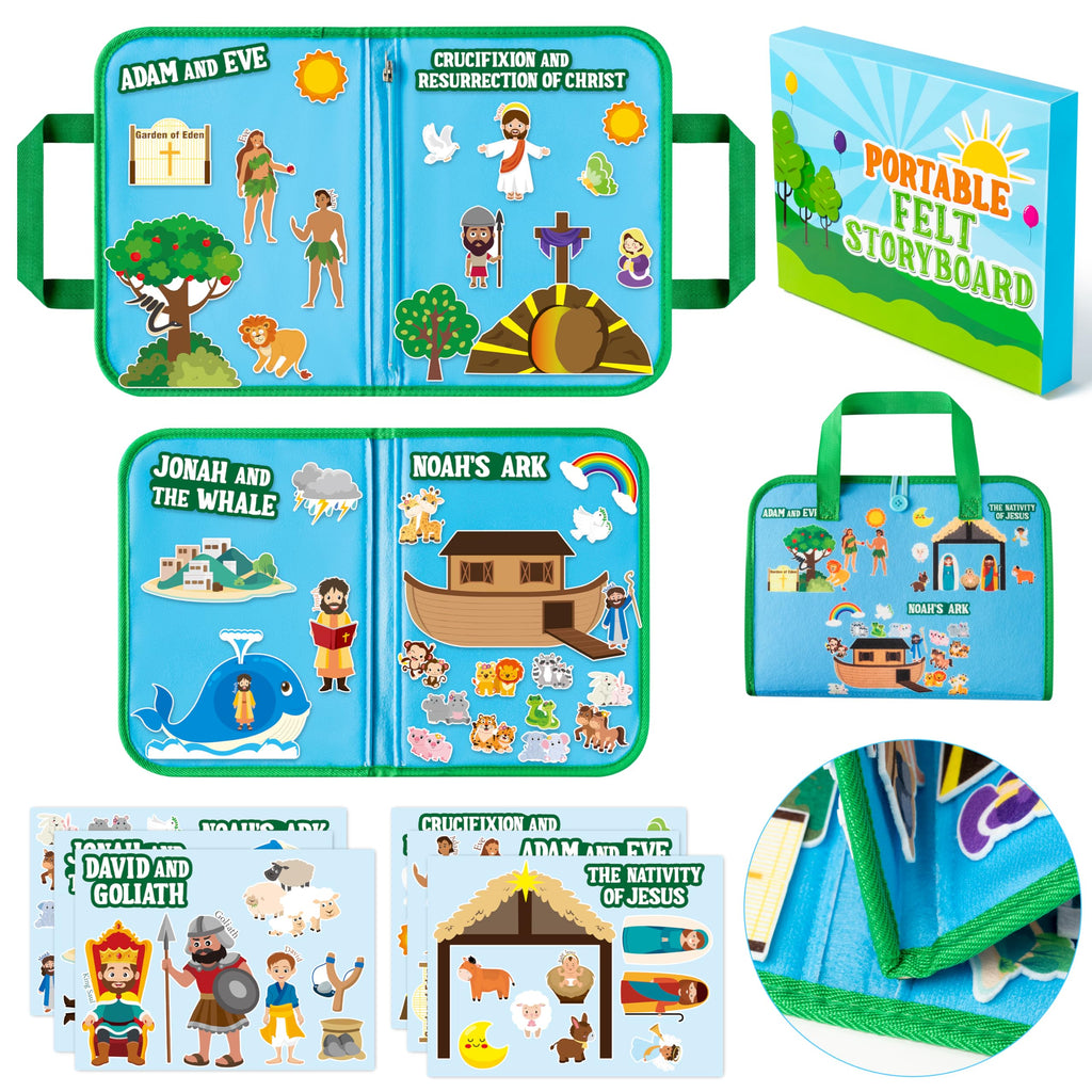 WATINC Portable Bible Felt Stories Set - 6pack Religious Story Adam and Eve Learning Noah’s Ark Story Board Gift Early Educational Travel Storytelling Interactive Play Kit for Classroom Kids Toddlers