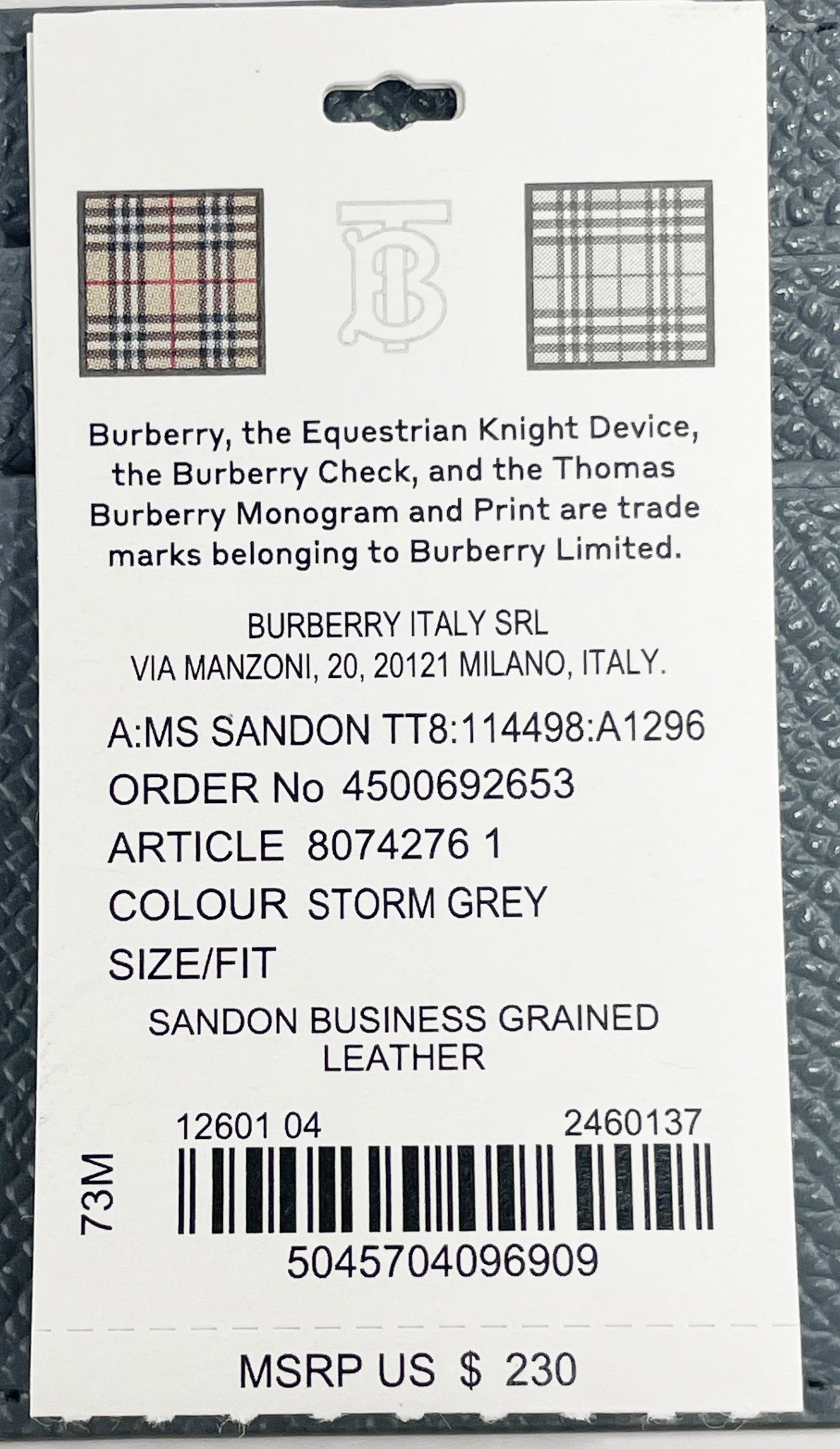 Burberry Sandon Grey Grained Leather Card Case Wallet
