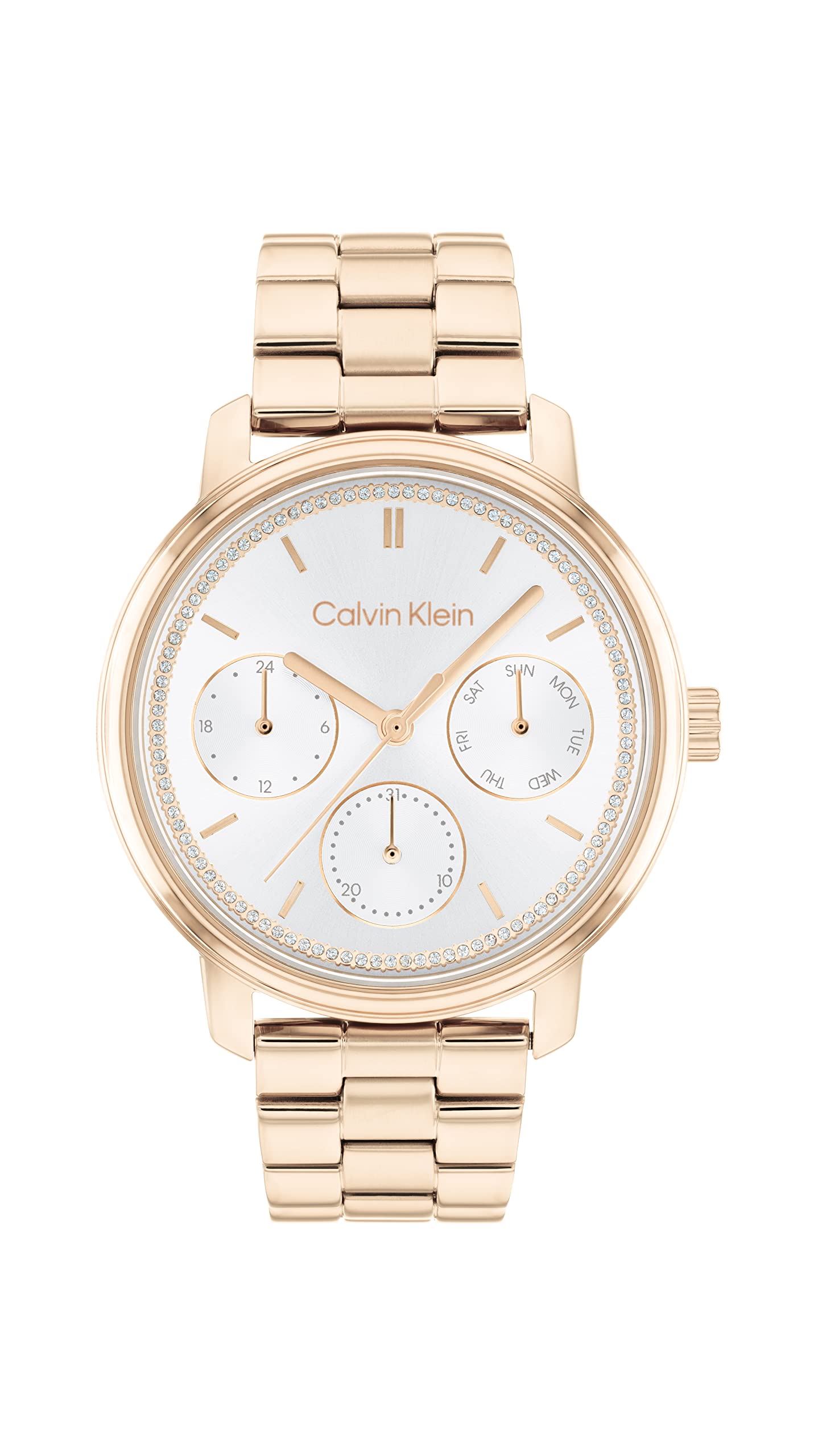 Calvin Klein Womens Ionic Plated Carnation Gold Steel Case Quartz Multifunction Watch with Ionic Plated Carnation Gold Steel Bracelet (Model: 25200178)