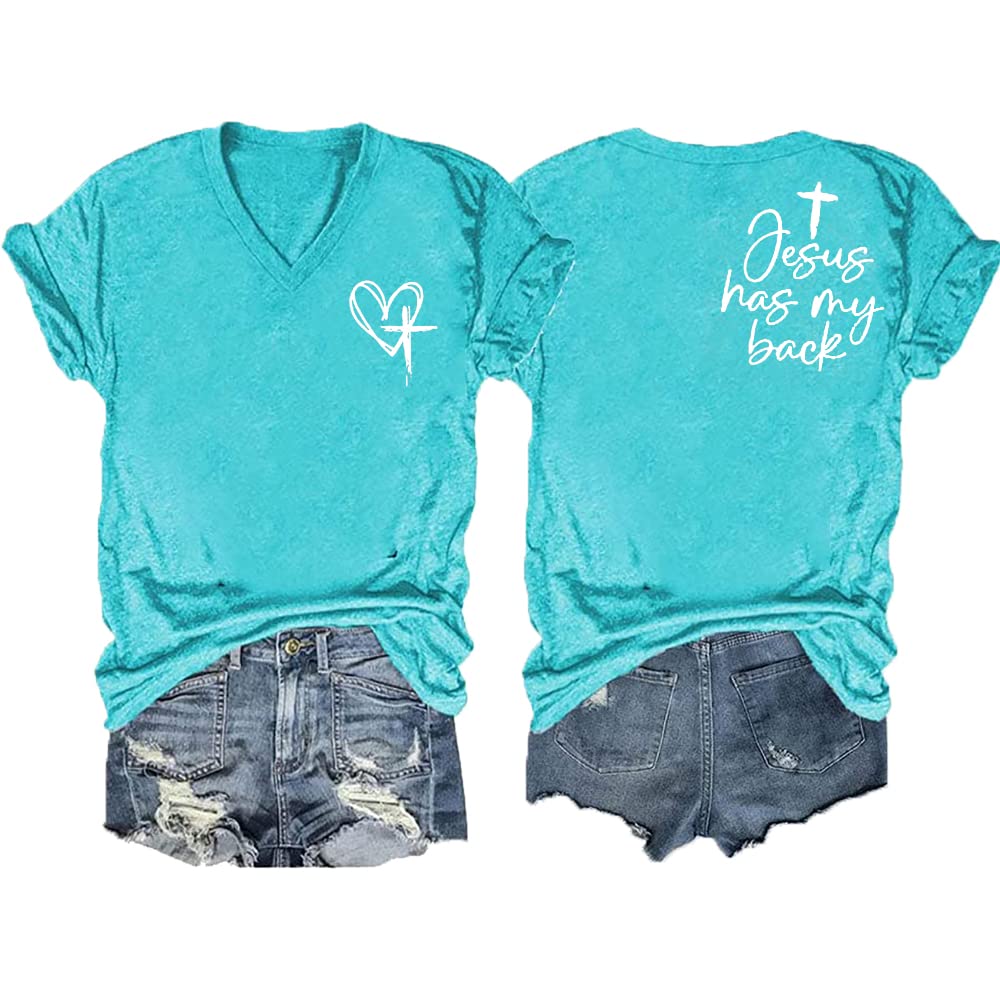 Jesus Has My Back Tee. Womens Plus Size V Neck Christian Inspirational Graphic Top Water-Blue (2XL)