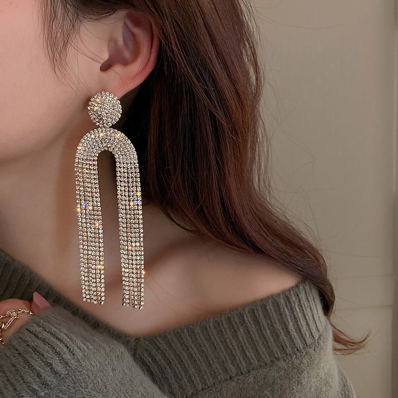 Women's U-Shaped Earrings with Diamond Tassels