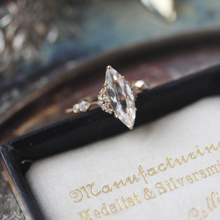 French Retro Diamond Shaped White Crystal Ring