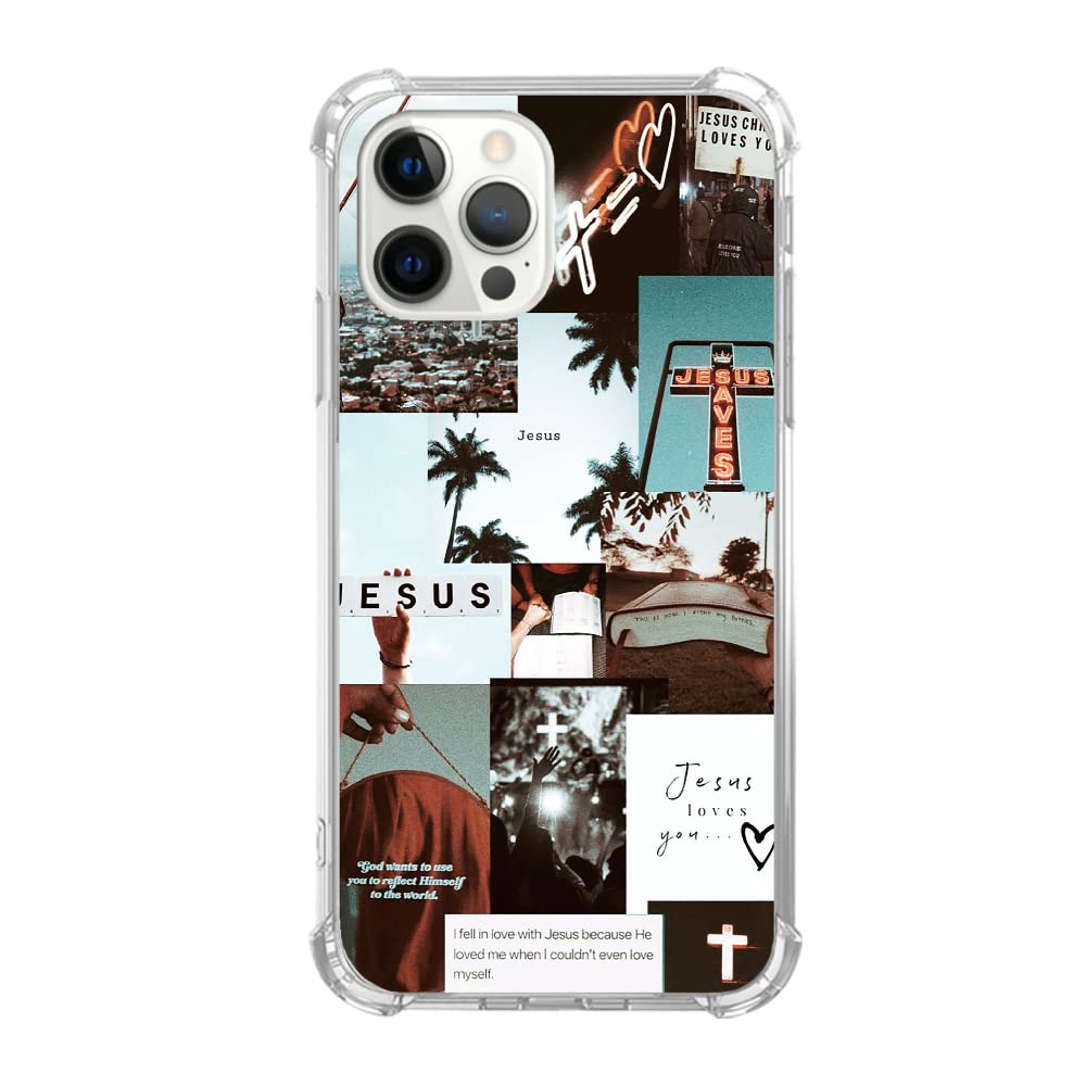 Christian Aesthetic (iPhone 14 Pro Max) Case Jesus Cross Collage Shock-Absorbent TPU Protective Cover
