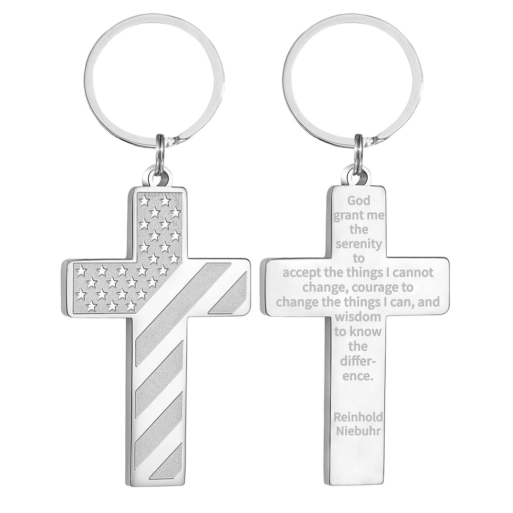 Cross Keychains with Bible Verse & American Flag (Serenity Prayer Silver)
