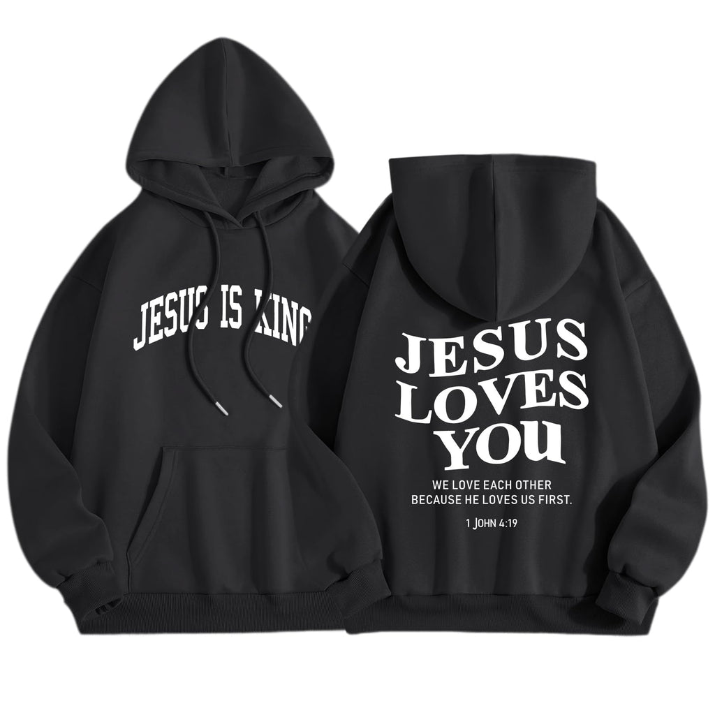 Christian Jesus Loves You Hoodies Women Religious Faith God Jesus Is King Sweatshirts Bible Verse Inspirational Tops (Large)