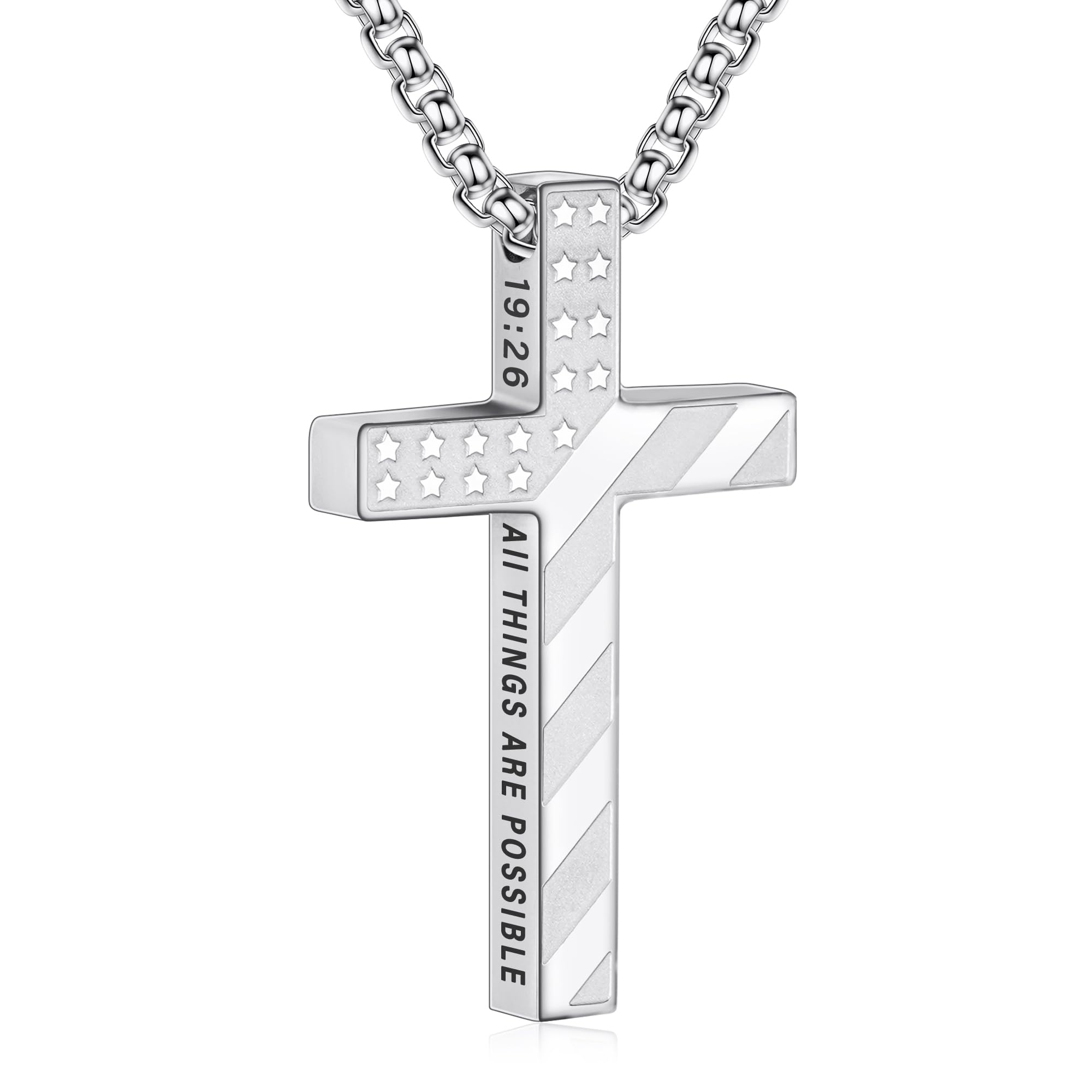 Cross Necklace Silver American Flag Bible Verse Stainless Steel Pendant