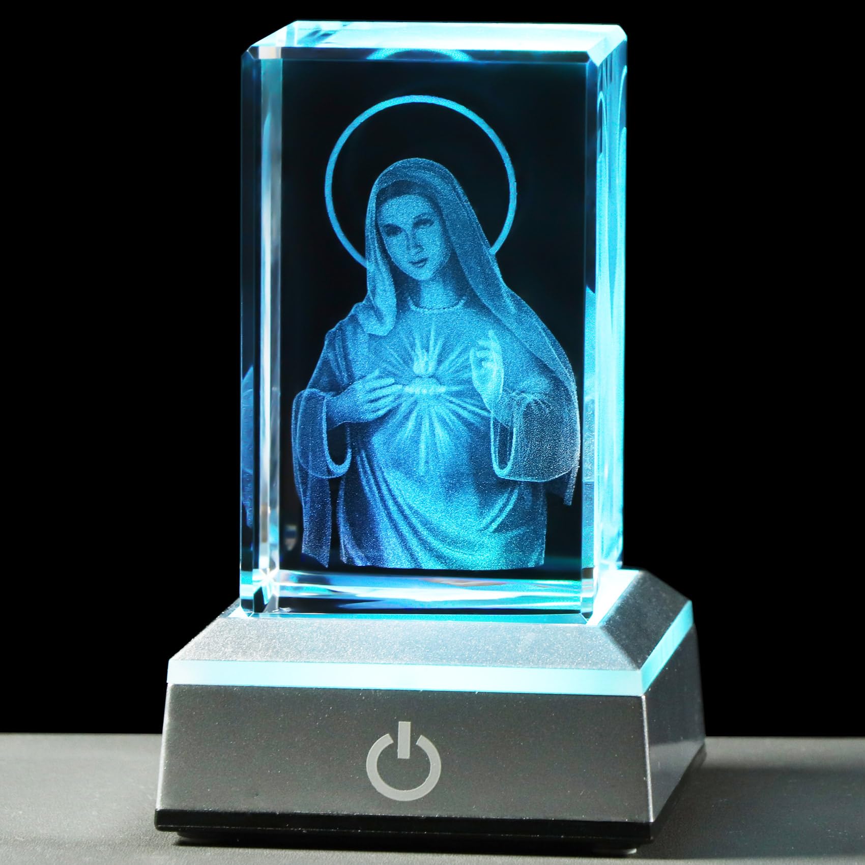 3D Crystal Virgin Mary with Colorful Light Base Laser Engrave Blessed Mother.