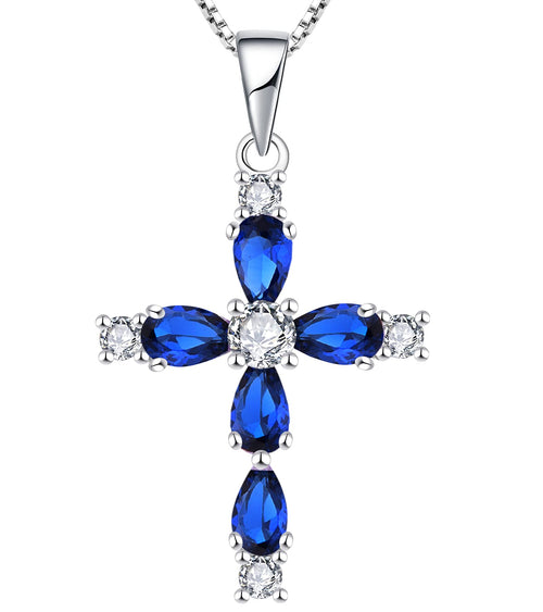 Blue Cross Necklace 925 Sterling Silver Gemstone Pendant Created Sapphire Religious Jewelry for Women