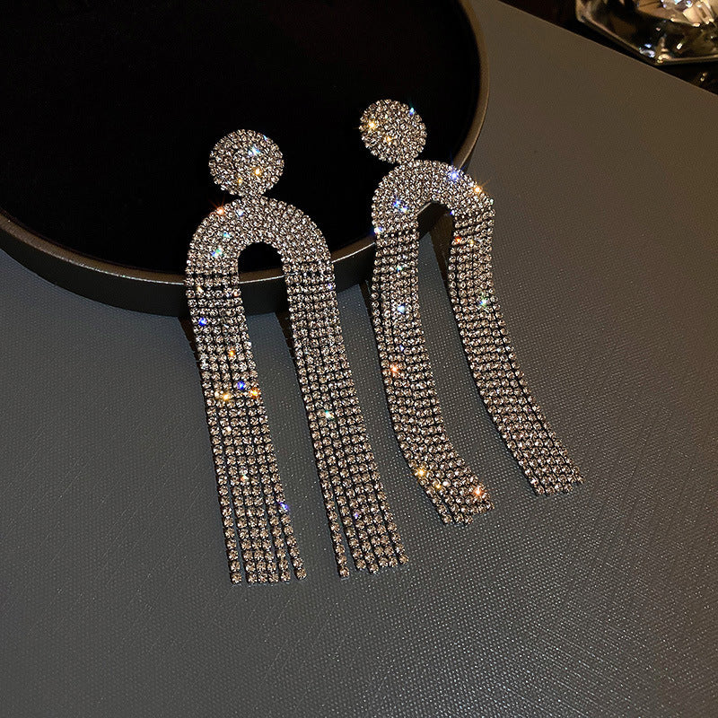 Women's U-Shaped Earrings with Diamond Tassels