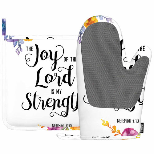 (Brand: Mxocom) Joy of The Lord is My Strength Oven Mitt and Pot Holder with Silicone Bible Quote Colored Floral Design Heat Resistant Kitchen for Cooking BBQ Baking Grilling Spring/Summer