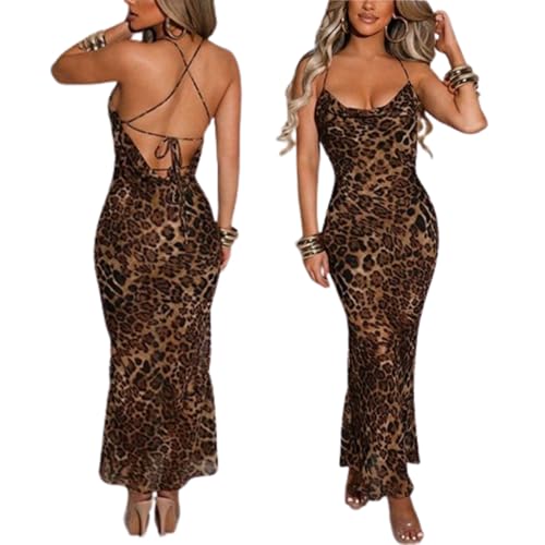 QIISEVEN Womens Leopard Print Dress V Neck Maxi, Spaghetti Strap, Bodycon, Backless, Long Dress (Leopard Print-small)
