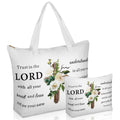 2 Pcs Christian Gift Canvas Tote Bag with Makeup Bag Religious Bible Verse Tote Bag Set (White Flower)