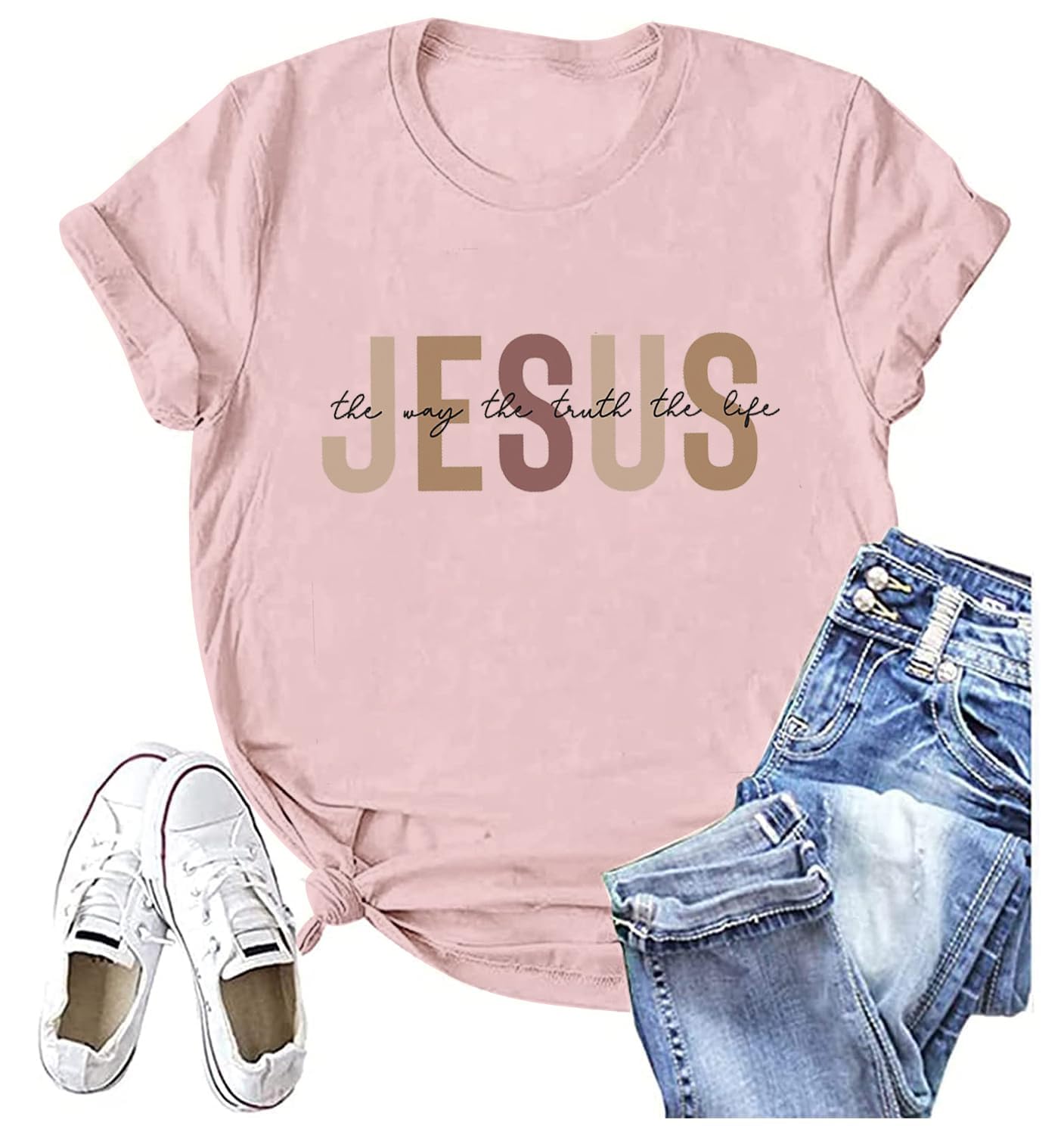 Christian Shirt for Women Jesus T-Shirt Jesus The Way The Truth The Life Retro Bible Verse Inspirational Tee Tops (XXL)