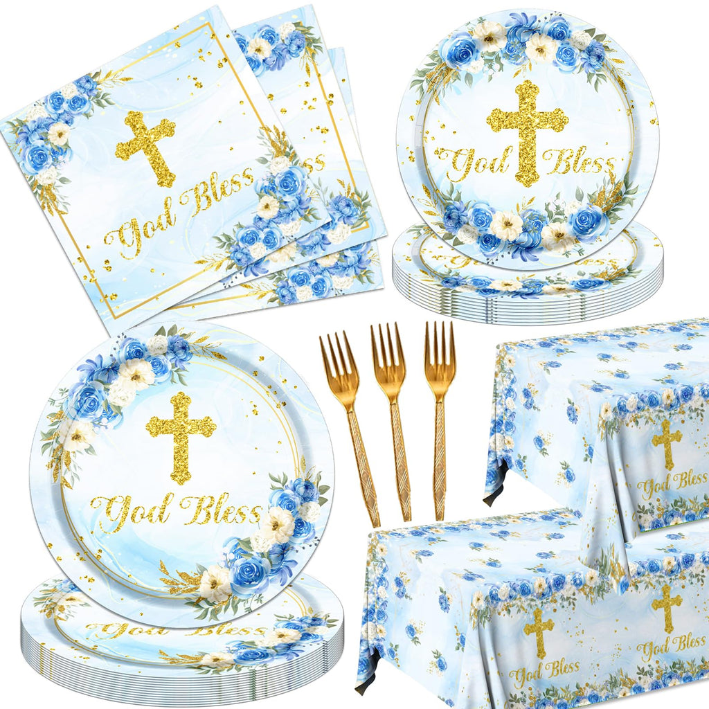 Baptism Plates and Napkins God Bless First Holy Communion Theme Tableware Boy Party Decorations Celebration Disposable PlatesTableclothNapkins and Forks for Religious Baby Shower Supplies