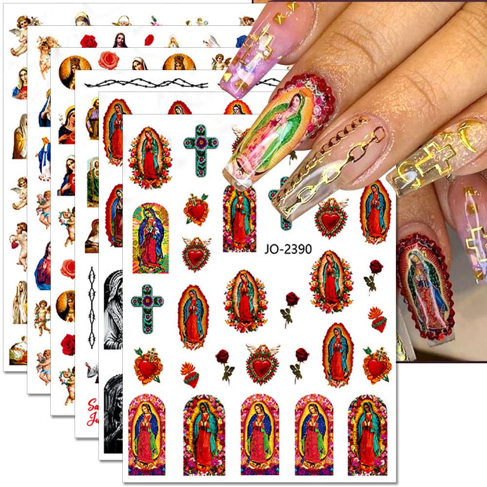 Dornail 12 Sheets Virgin Mary Nail Art Stickers Christian Jesus San Judas Nail Stickers 3D Self-Adhesive Nail Design Baby Angel Nail Decals for Women DIY Nail Decorations for Nail Art Supplies