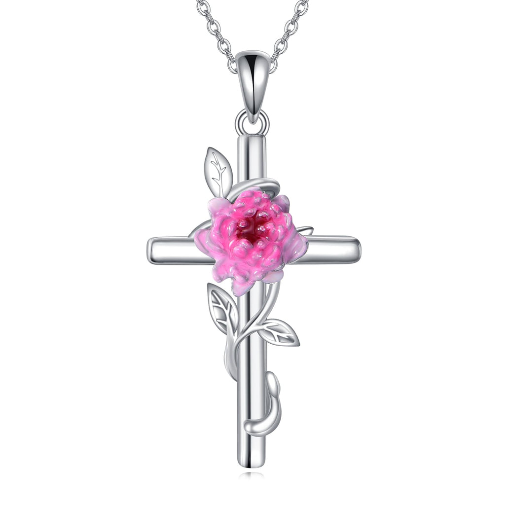 925 Sterling Silver Cross Pendant Necklace Flower Jewelry (Chrysanthemums)