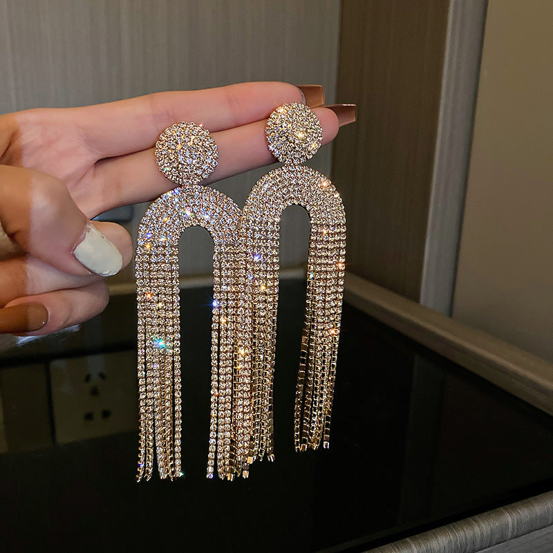 Women's U-Shaped Earrings with Diamond Tassels