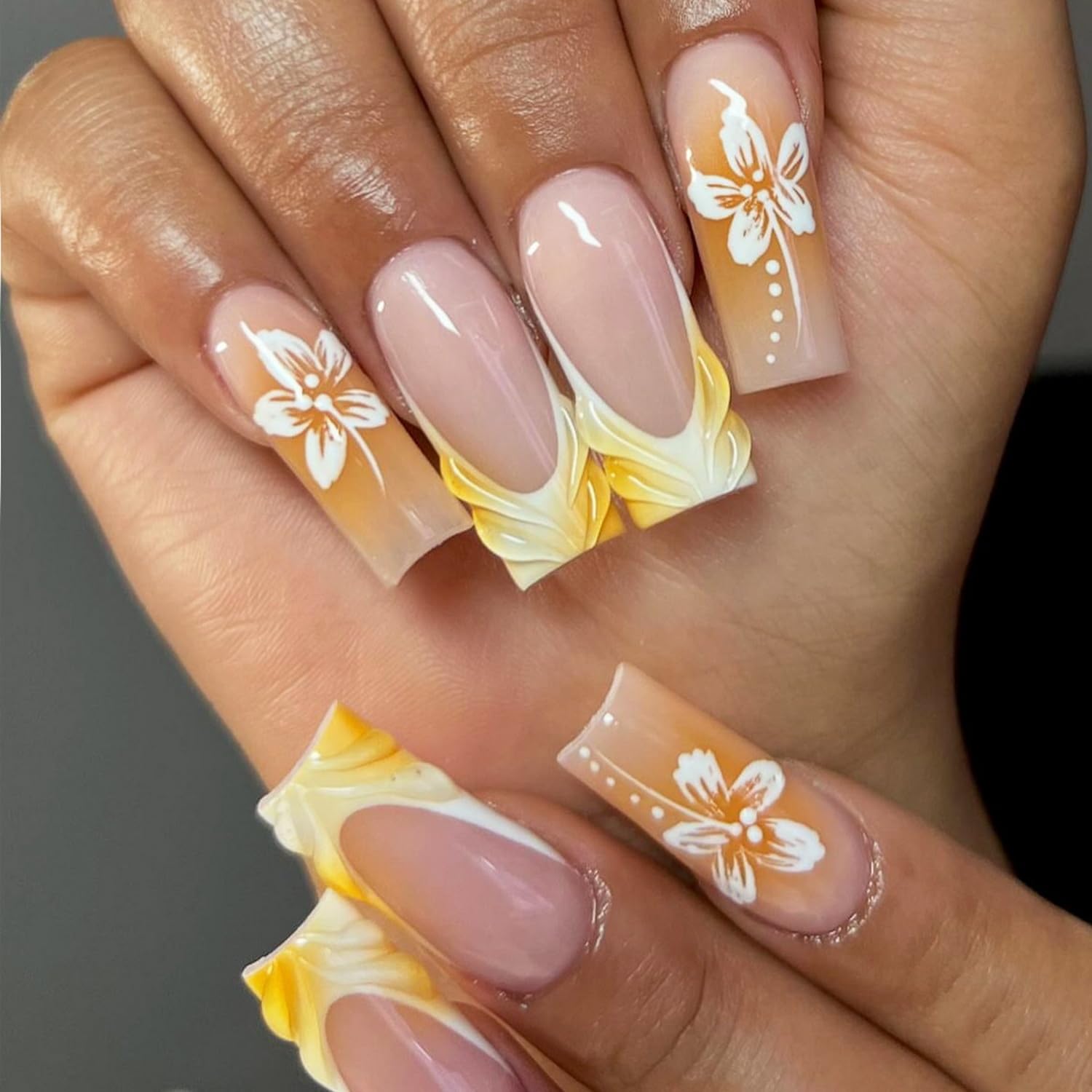 Floral Press on Nails Long Square Fake Nails Yellow Brown Stick on Nails with Acrylic Nails designs Water Wave French Tip False Nails Gel 24pc