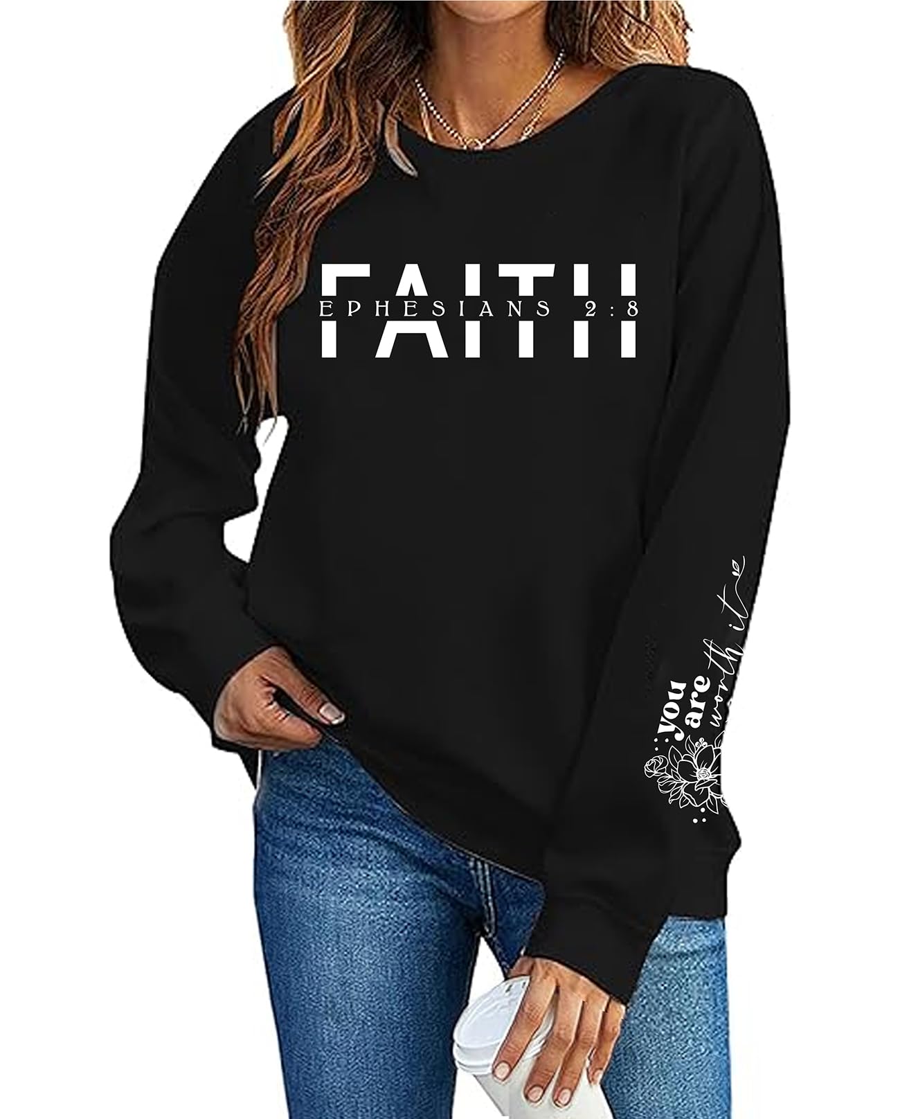 Christian Sweatshirt Women Faith Shirts Christian Religious Pullover Bible Verse Long Sleeve Top (Small)