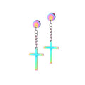Religious Cross Dangle Tassel Earrings Set Stainless Steel Pierced Tunnel Gauges Studs Hanging Cross Earrings